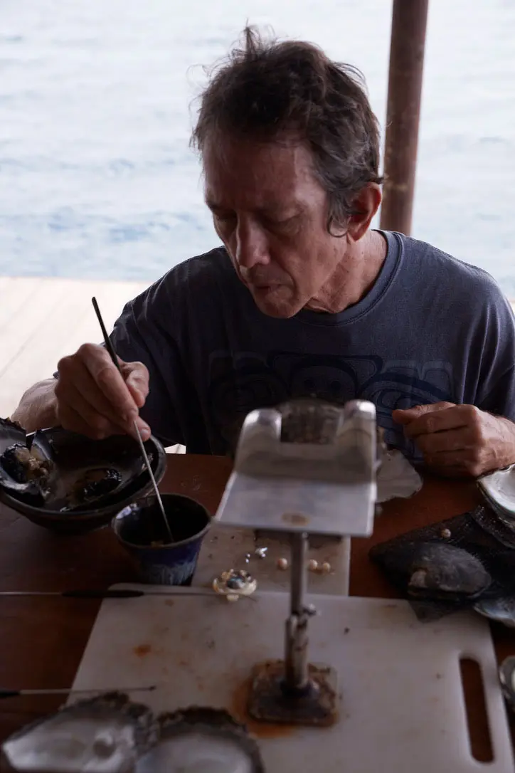Peter Owen, le propriétaire de la Ferme Perlière en train de travailler sur une huître polynésienne.